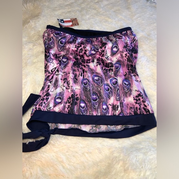 Women's Purple and Black Peacock Feather detail Swim Top size 10 NWT - Picture 9 of 11